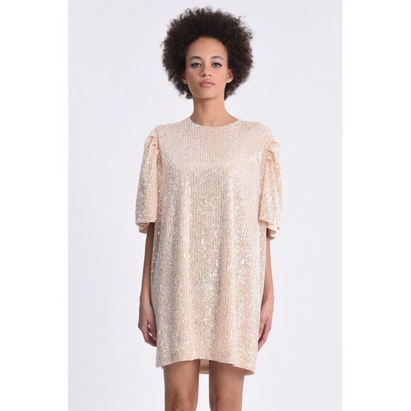LILI SIDONIO by Molly Bracken Silver and Cream Sequin Balloon Sleeve Mini Dress - Picture 8 of 8